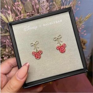 NEW IN BOX Disney x Baublebar rhinestone bow  dangling red Mickey Mouse earrings